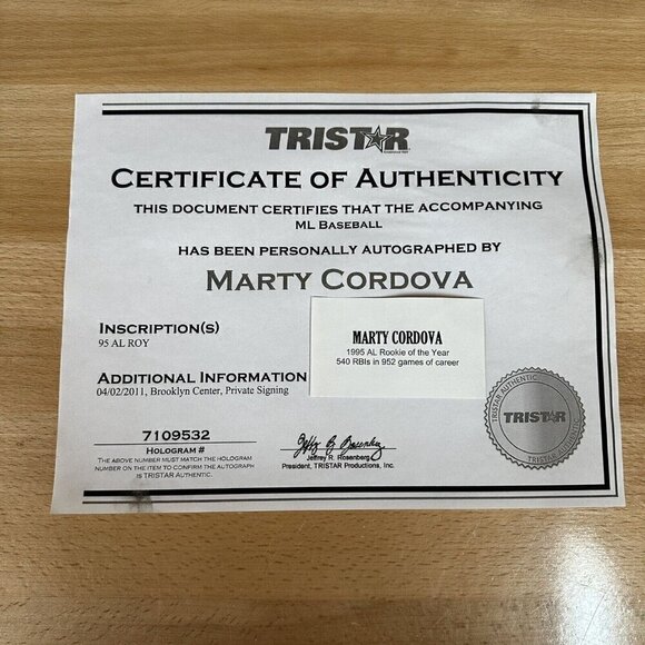 Marty Cordova Signed Autographed Baseball “95 AL ROY” Tristar 7109532 - Picture 5 of 5